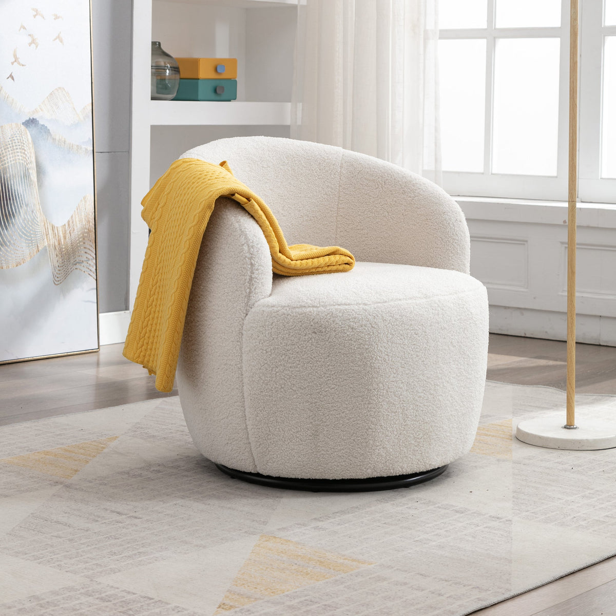 Ivory Boucle Swivel Accent Armchair, Cozy Barrel Back