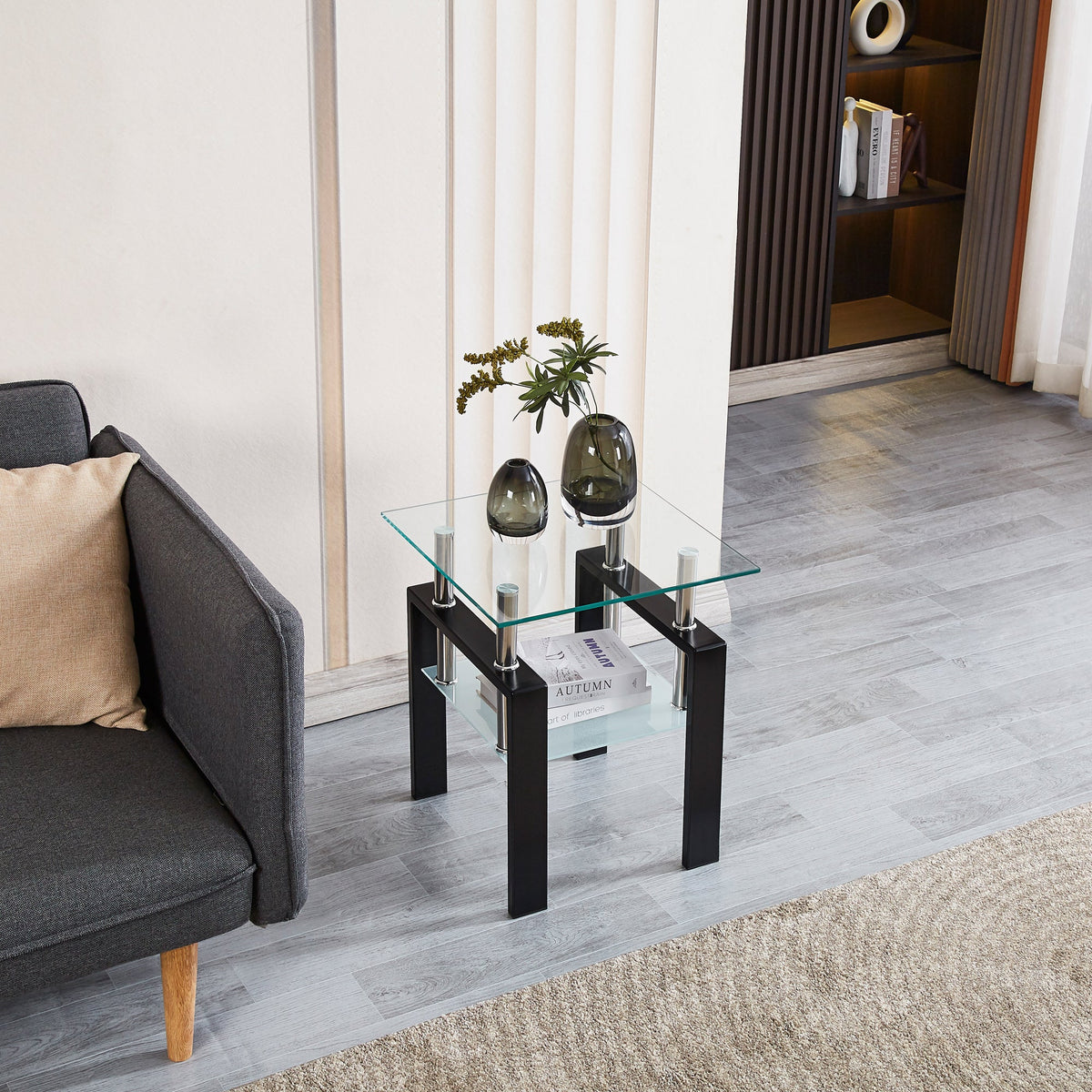 Tempered Glass End Table with Storage Shelf for Living Room