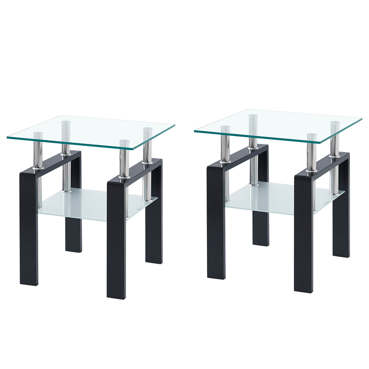 Tempered Glass End Table with Storage Shelf for Living Room