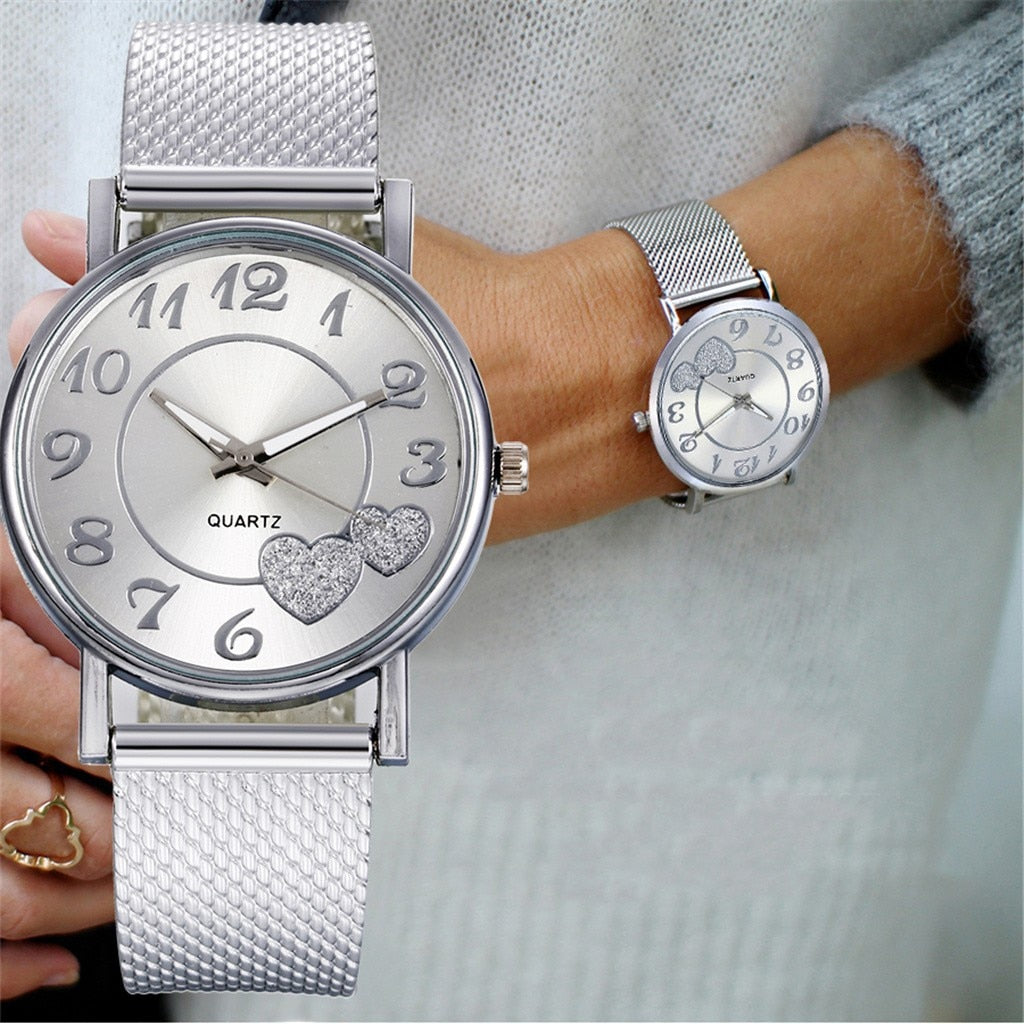 Women's Mesh Belt Watch with Sparkly Heart Dial Gift