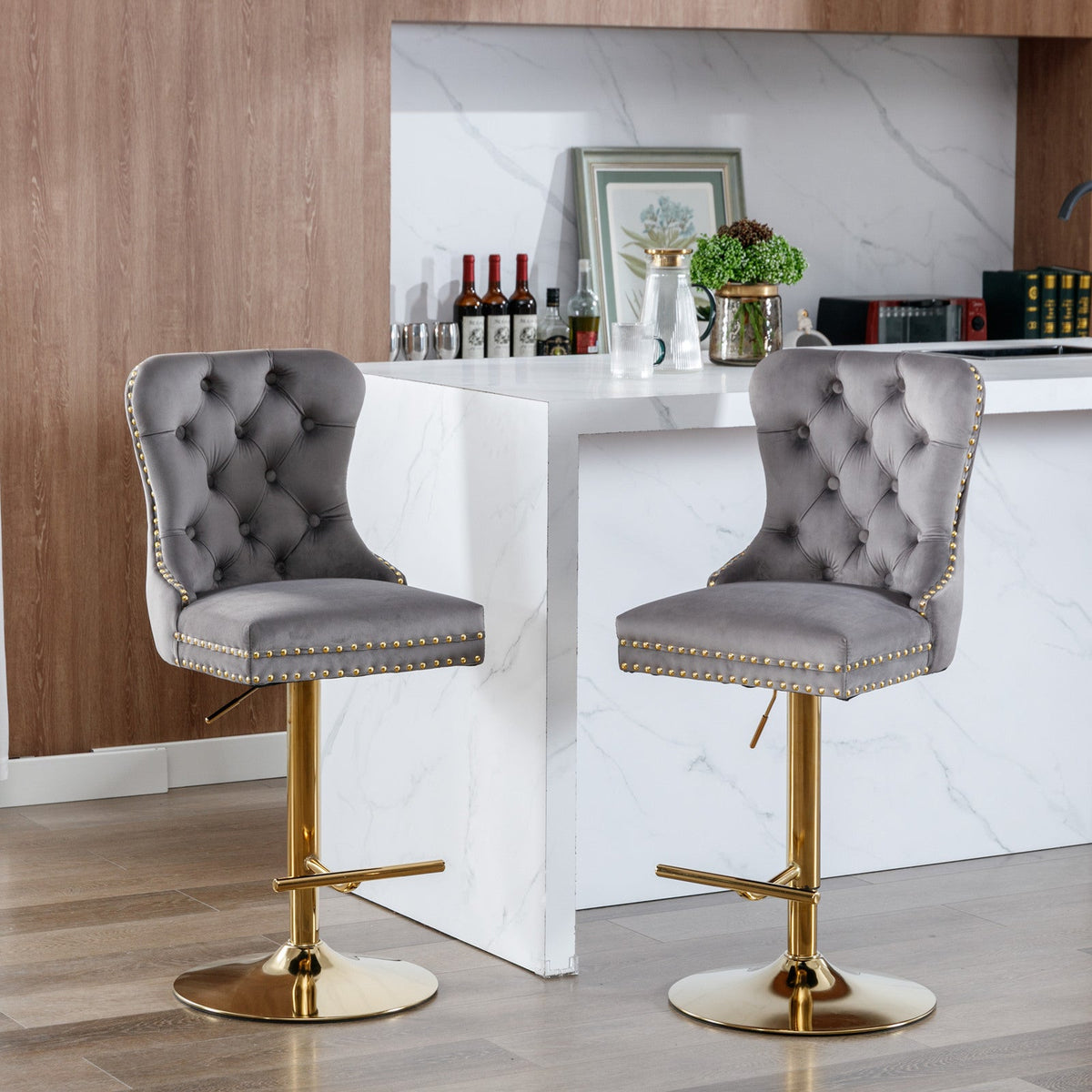 Gold Velvet Bar Stool with Swivel, 25-33 in Height