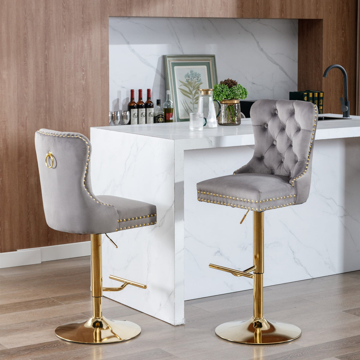Gold Velvet Bar Stool with Swivel, 25-33 in Height