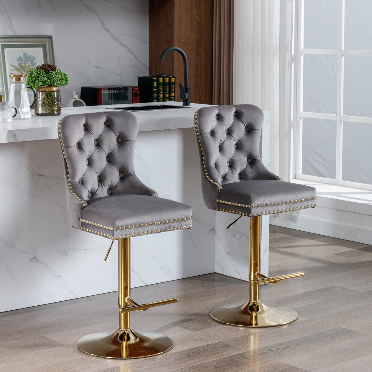Gold Velvet Bar Stool with Swivel, 25-33 in Height