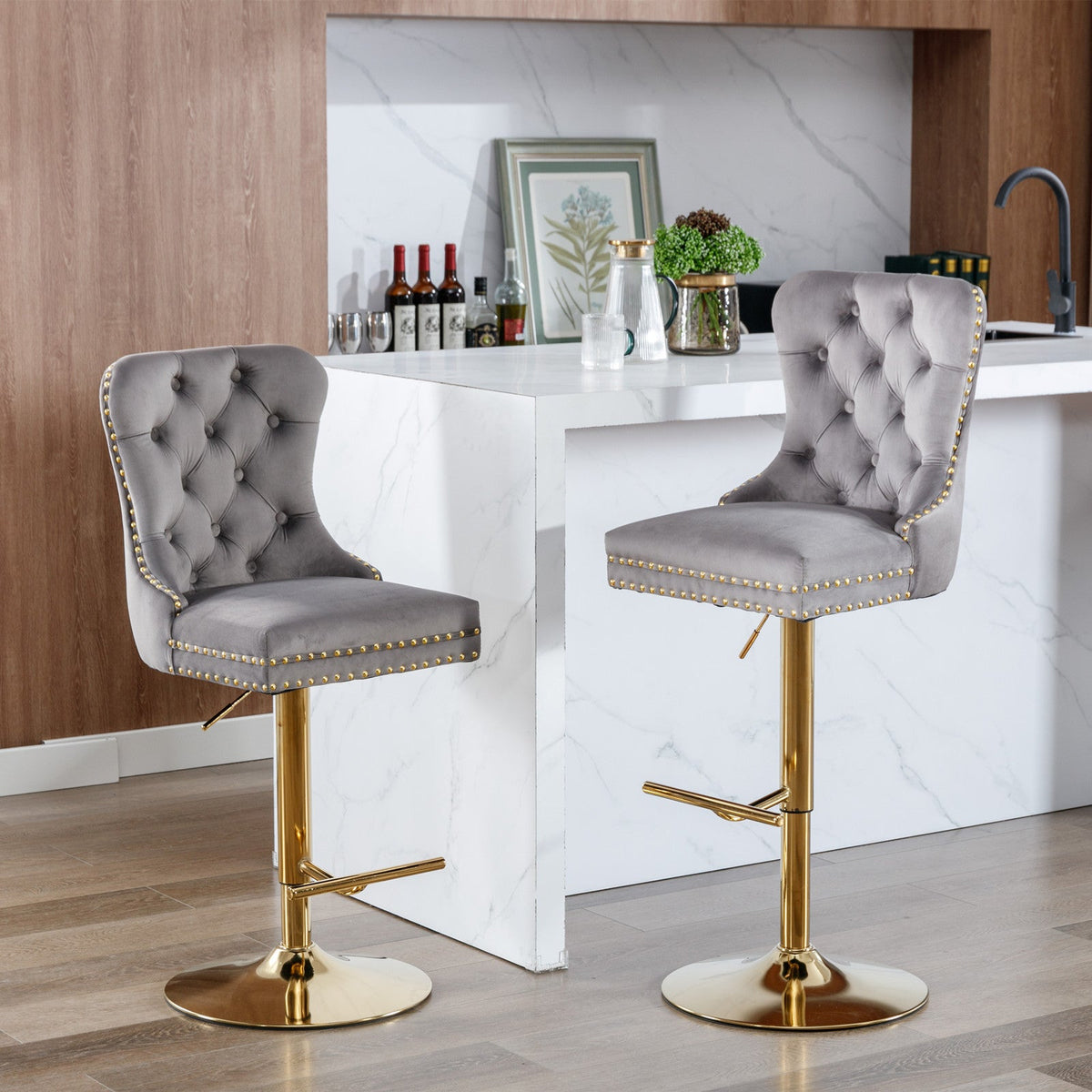 Gold Velvet Bar Stool with Swivel, 25-33 in Height