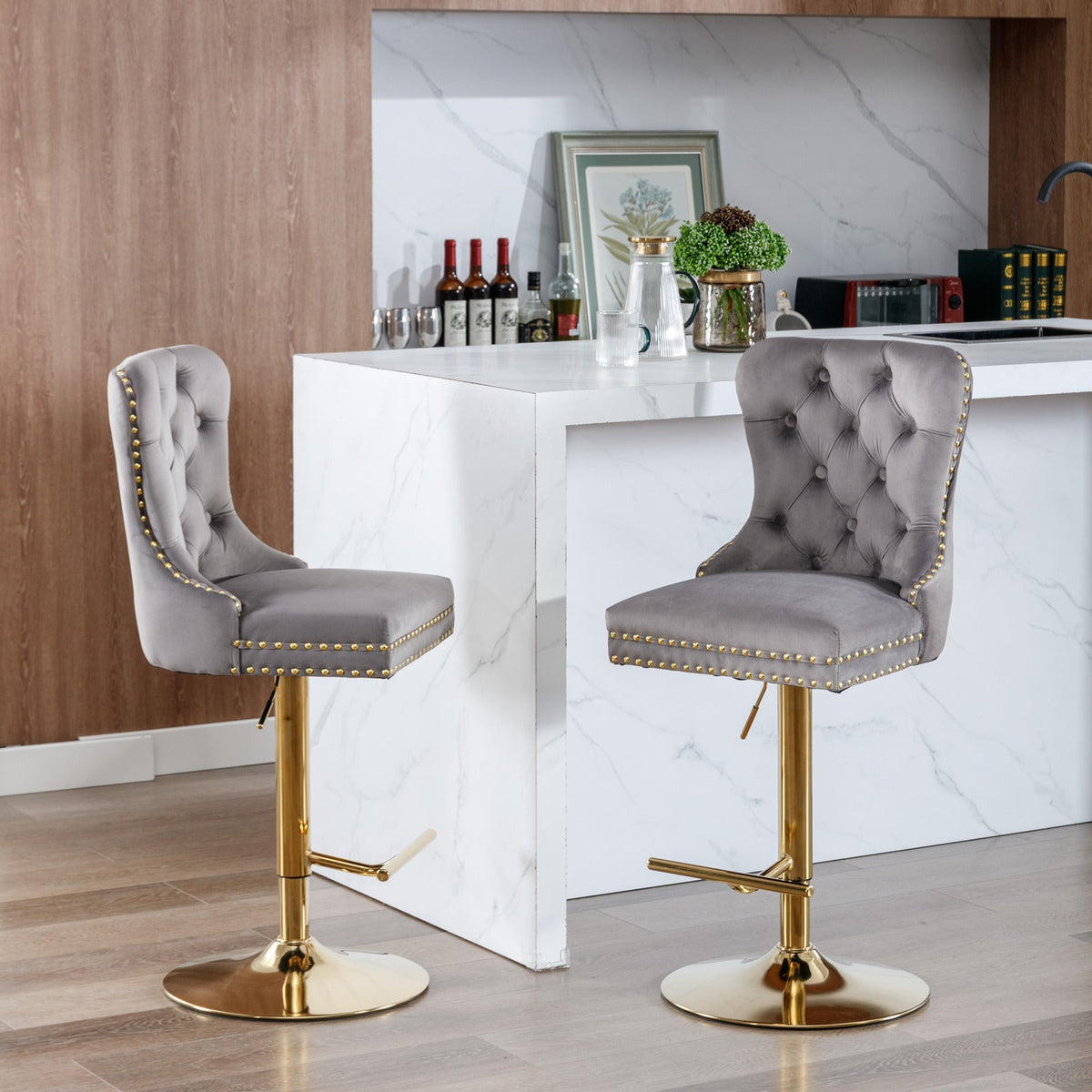 Gold Velvet Bar Stool with Swivel, 25-33 in Height
