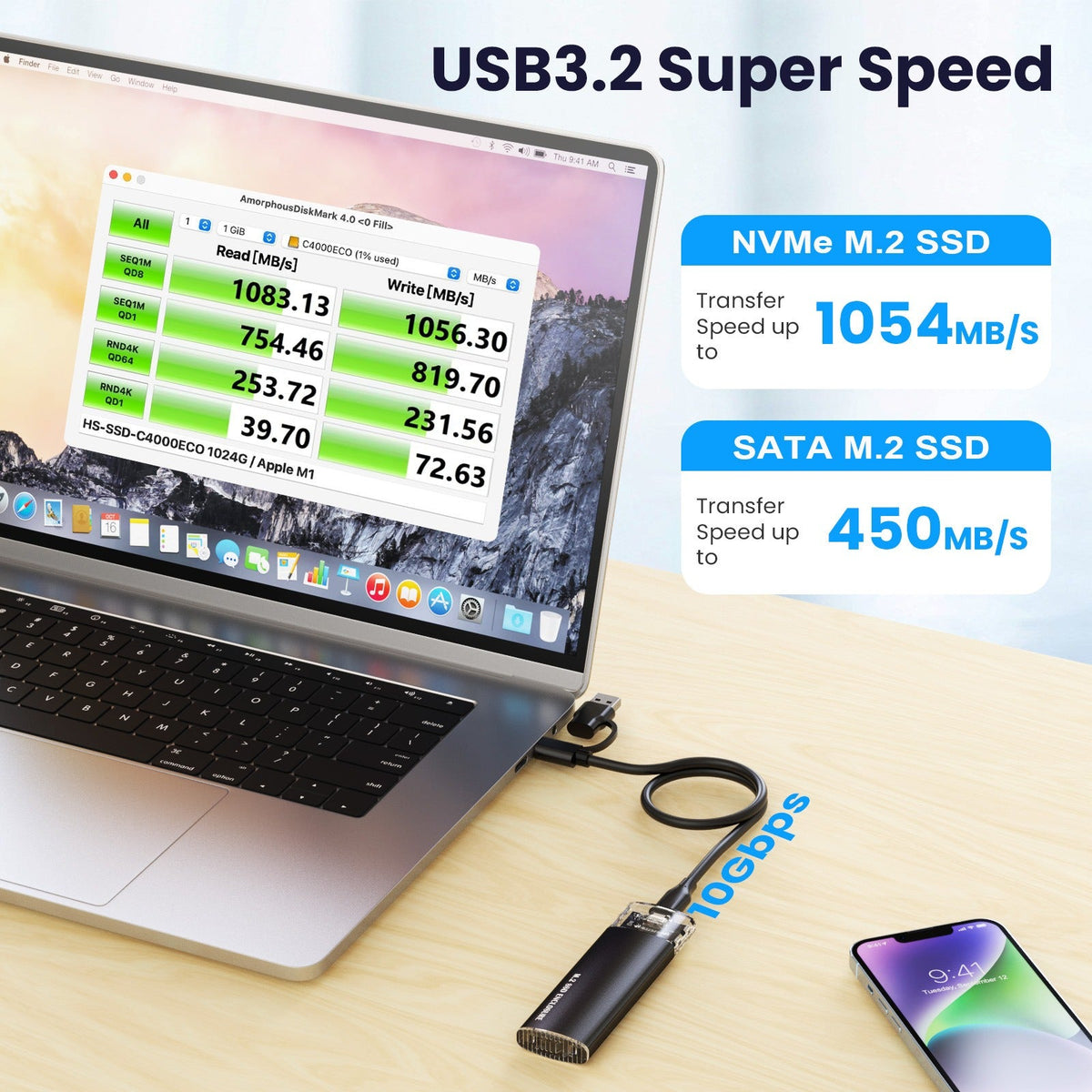 Tool-Free NVMe M.2 SSD Enclosure USB-C 3.1 Portable