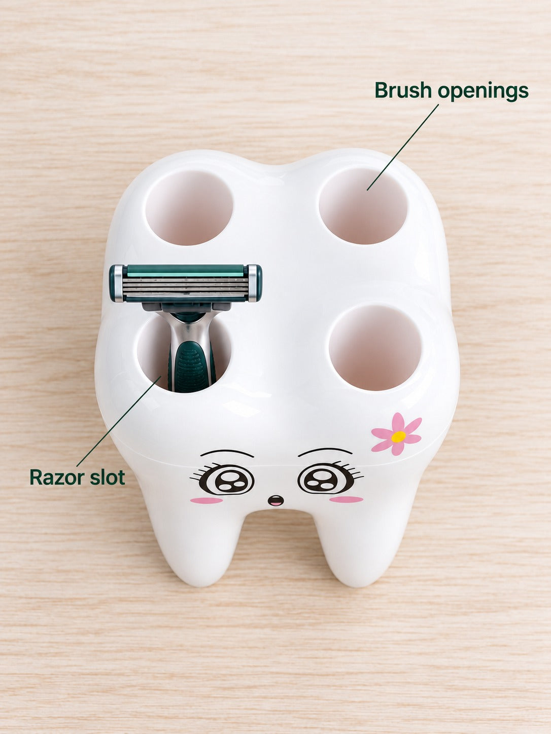 Tooth-Shaped Toothbrush Holder Stand with Razor Slot