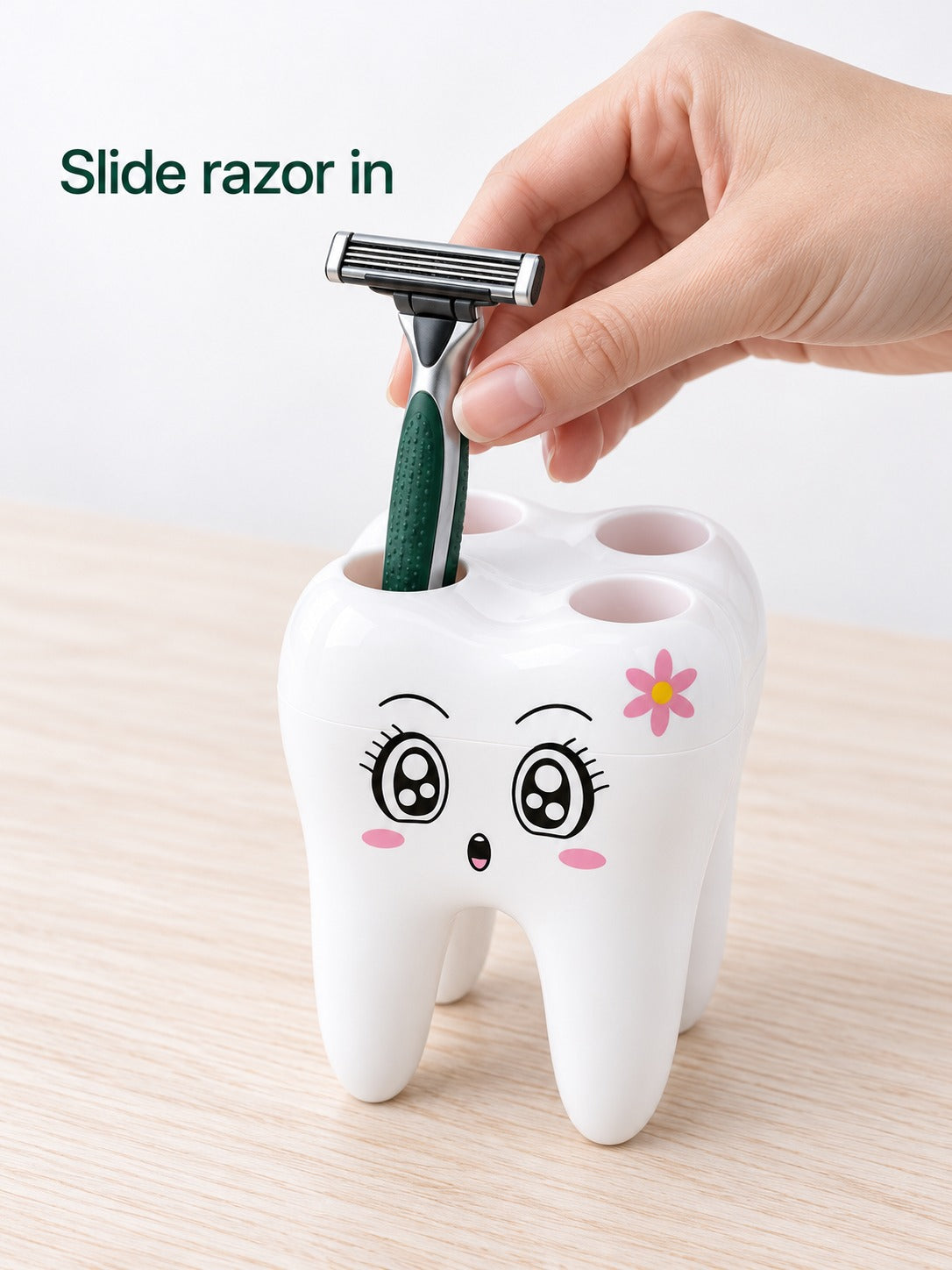 Tooth-Shaped Toothbrush Holder Stand with Razor Slot