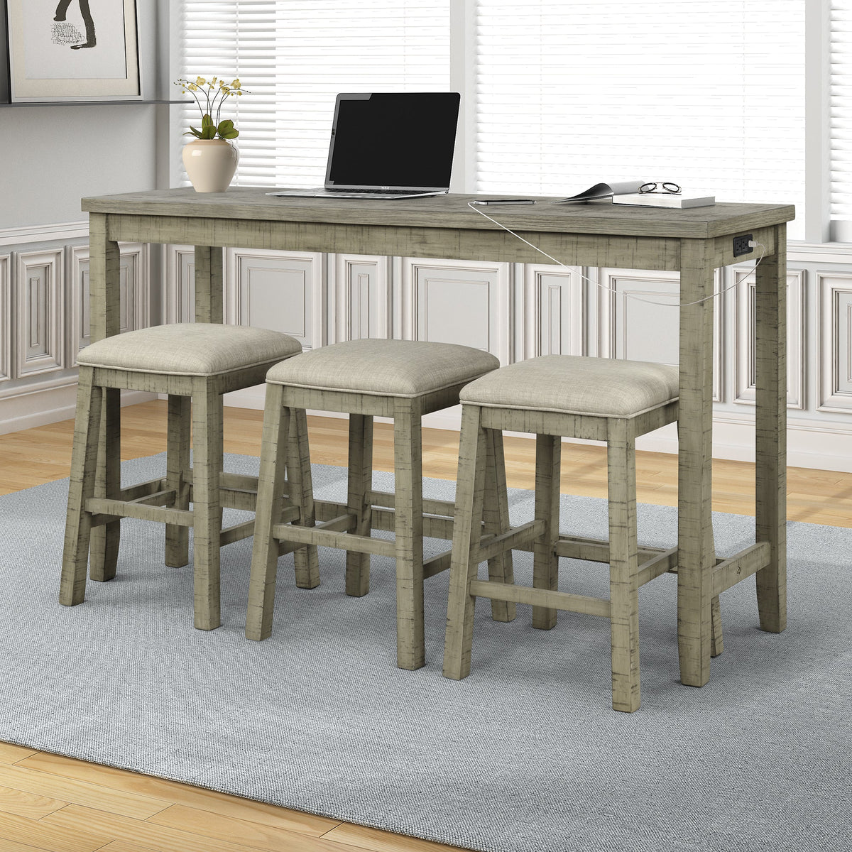 Counter Height Table Set with Power Outlet, Rustic Gray