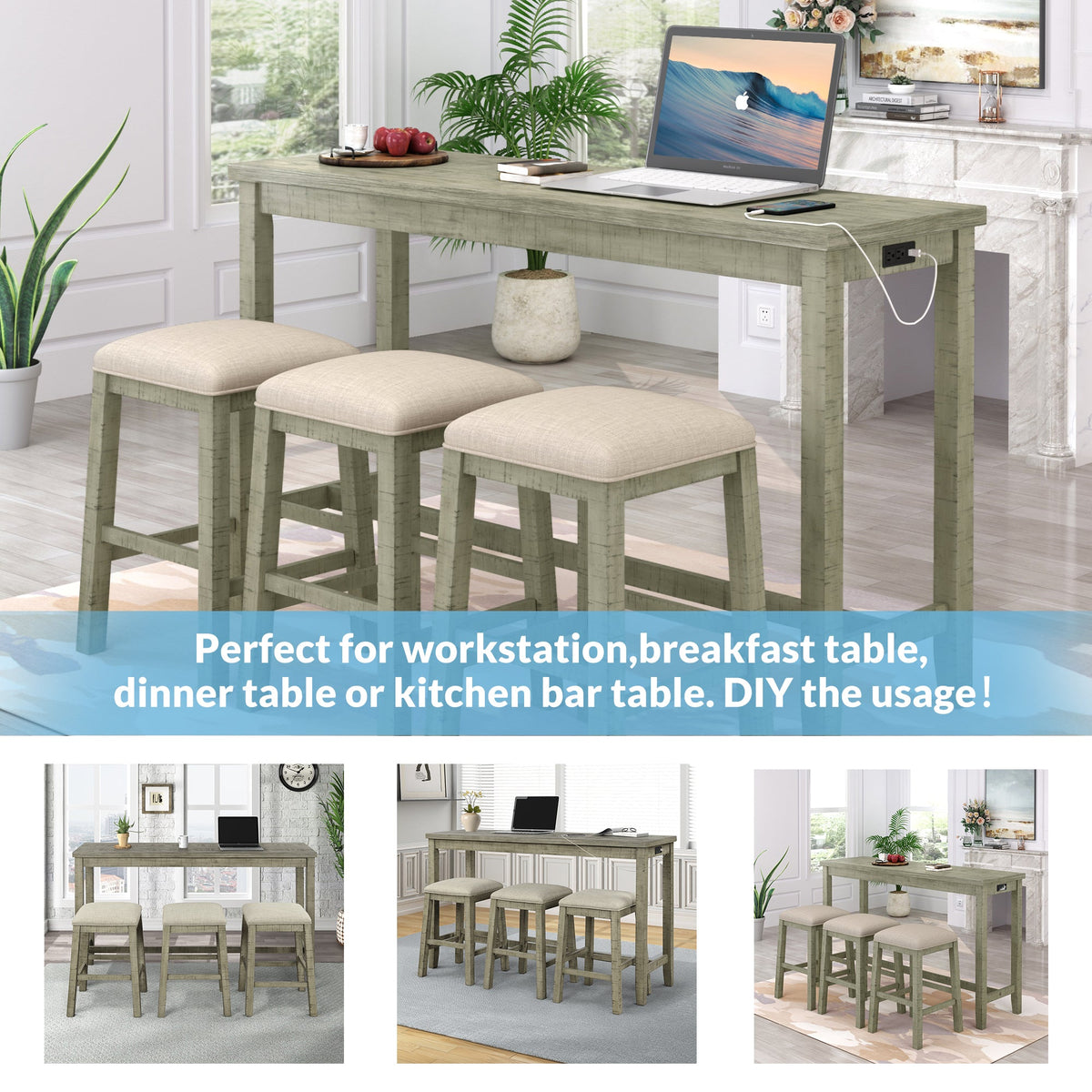Counter Height Table Set with Power Outlet, Rustic Gray