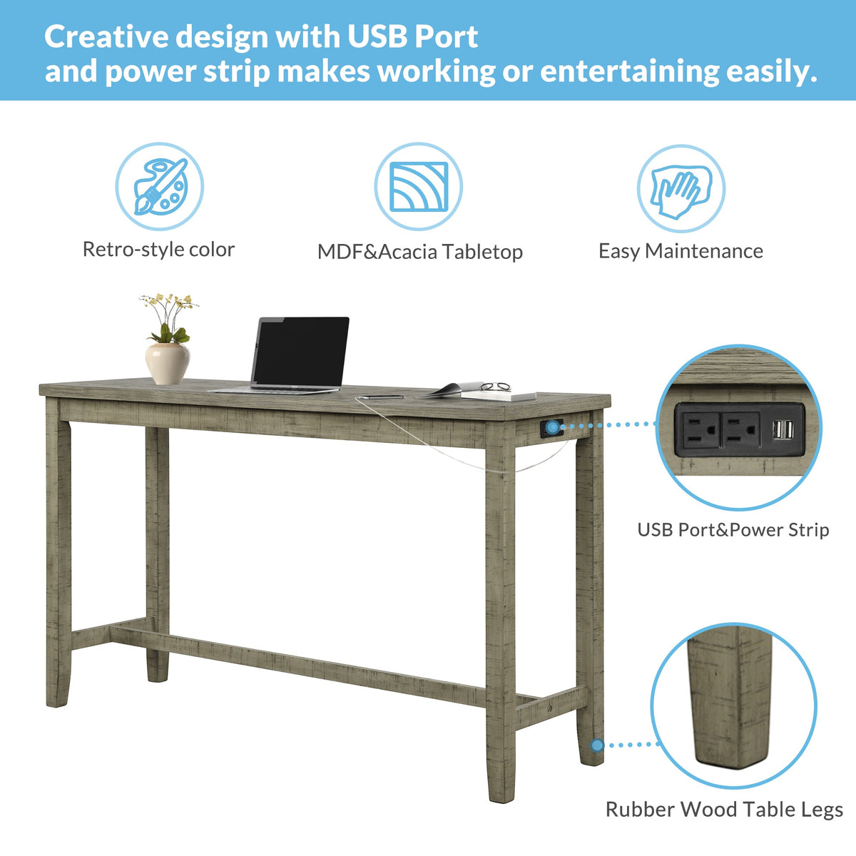 Counter Height Table Set with Power Outlet, Rustic Gray