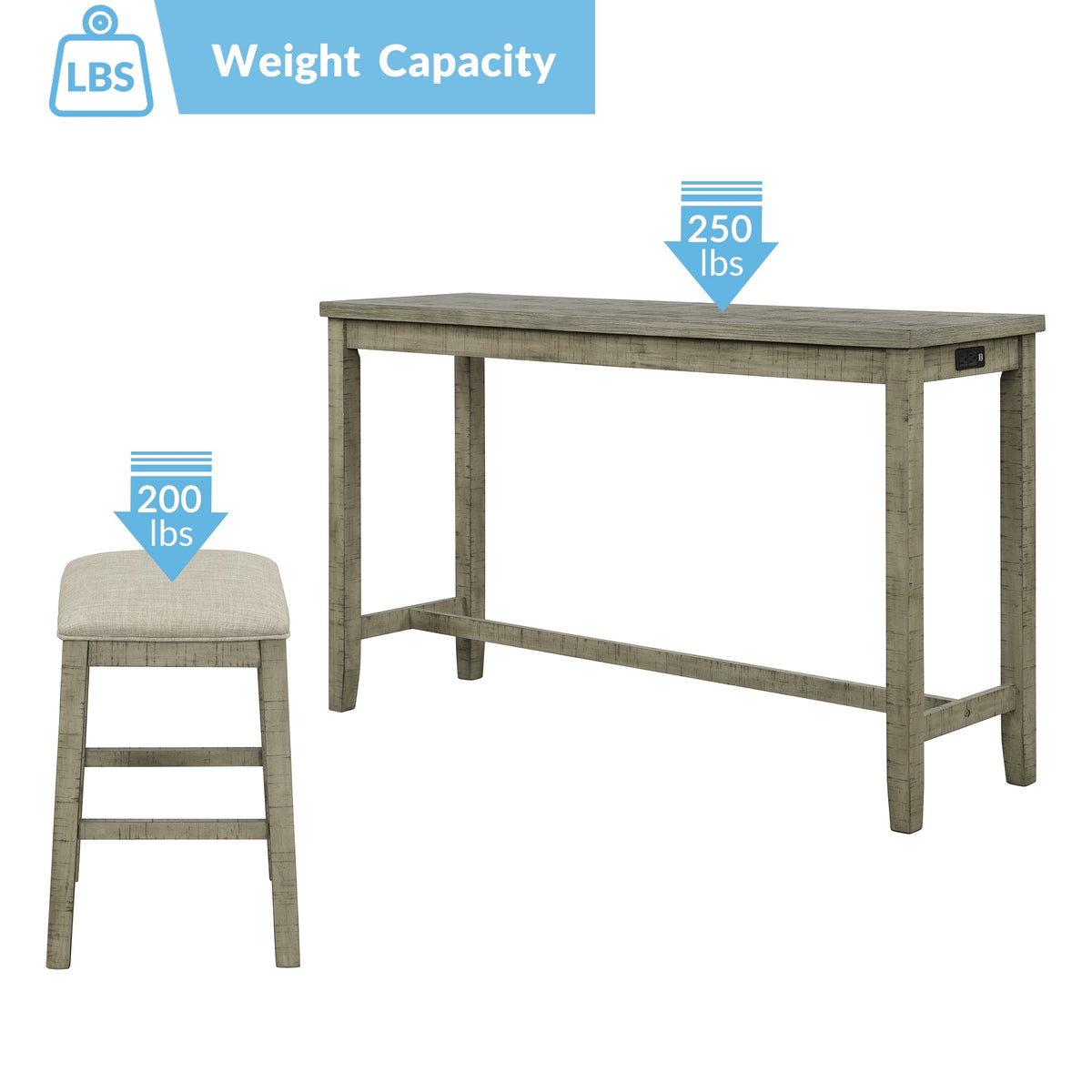 Counter Height Table Set with Power Outlet, Rustic Gray