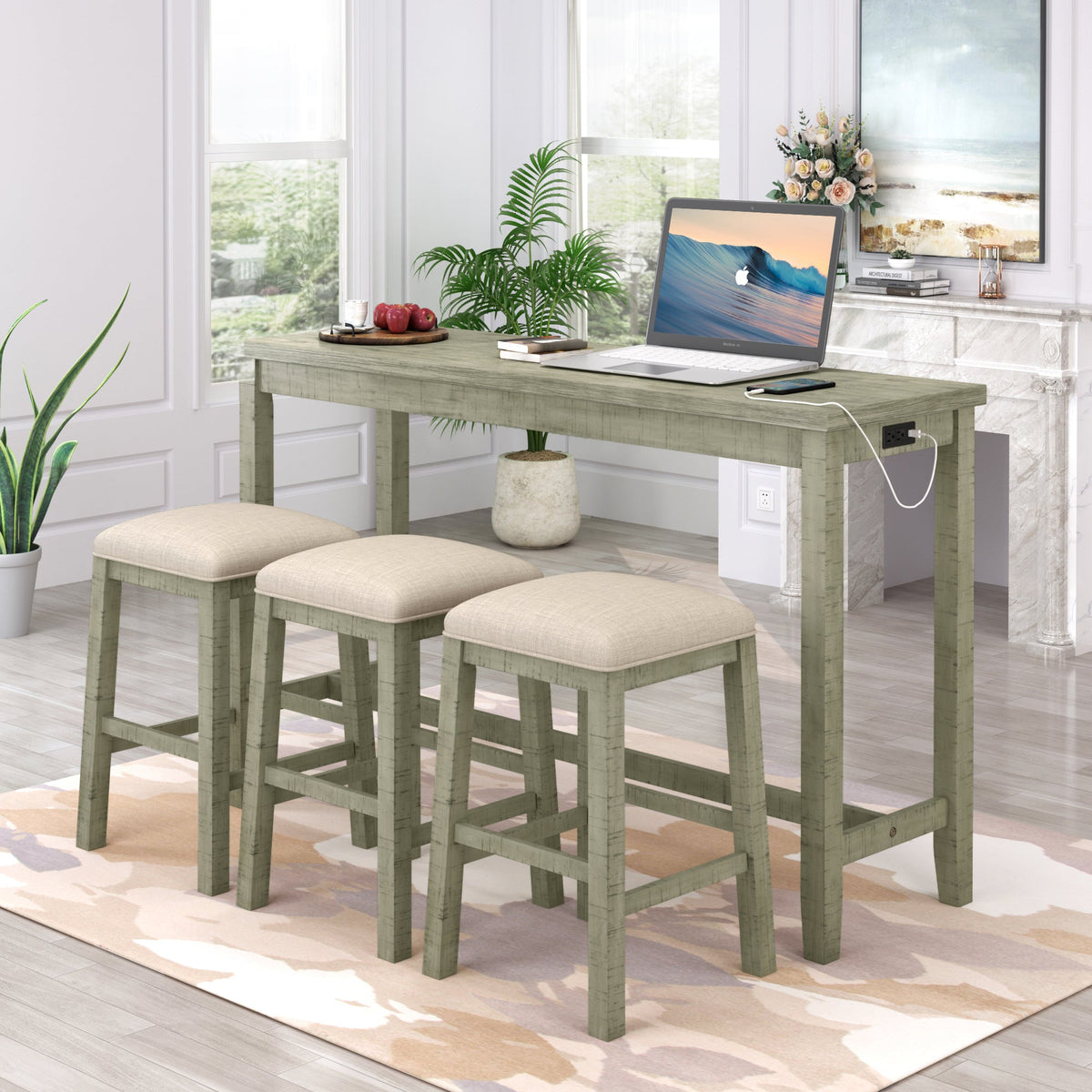 Counter Height Table Set with Power Outlet, Rustic Gray