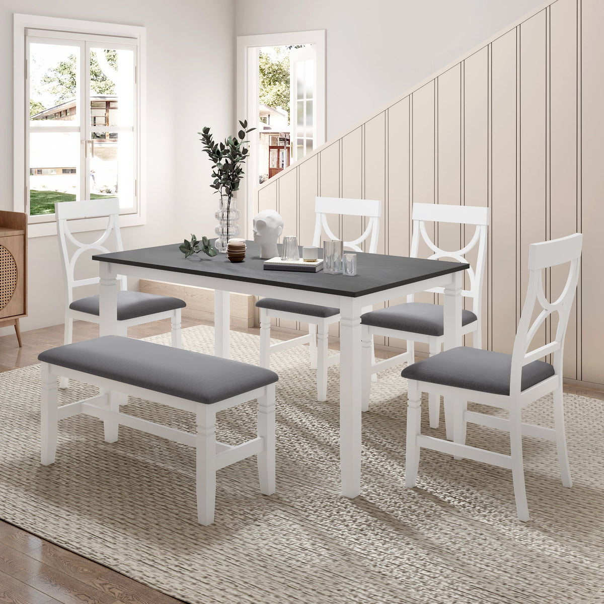 Farmhouse 6-Piece Dining Table Set with Bench and 4 Chairs