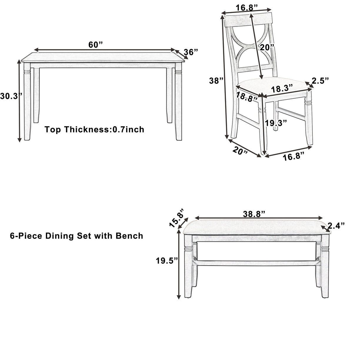 Farmhouse 6-Piece Dining Table Set with Bench and 4 Chairs