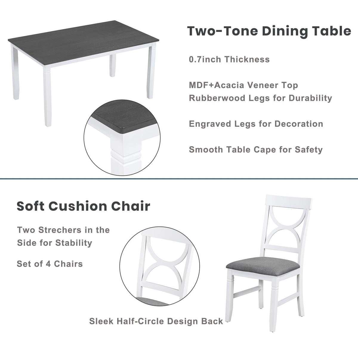Farmhouse 6-Piece Dining Table Set with Bench and 4 Chairs