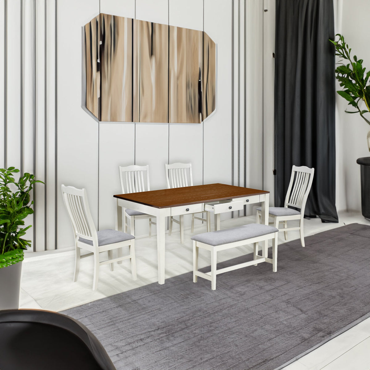 Mid-Century 6-Piece Dining Table Set with Drawers & Seating