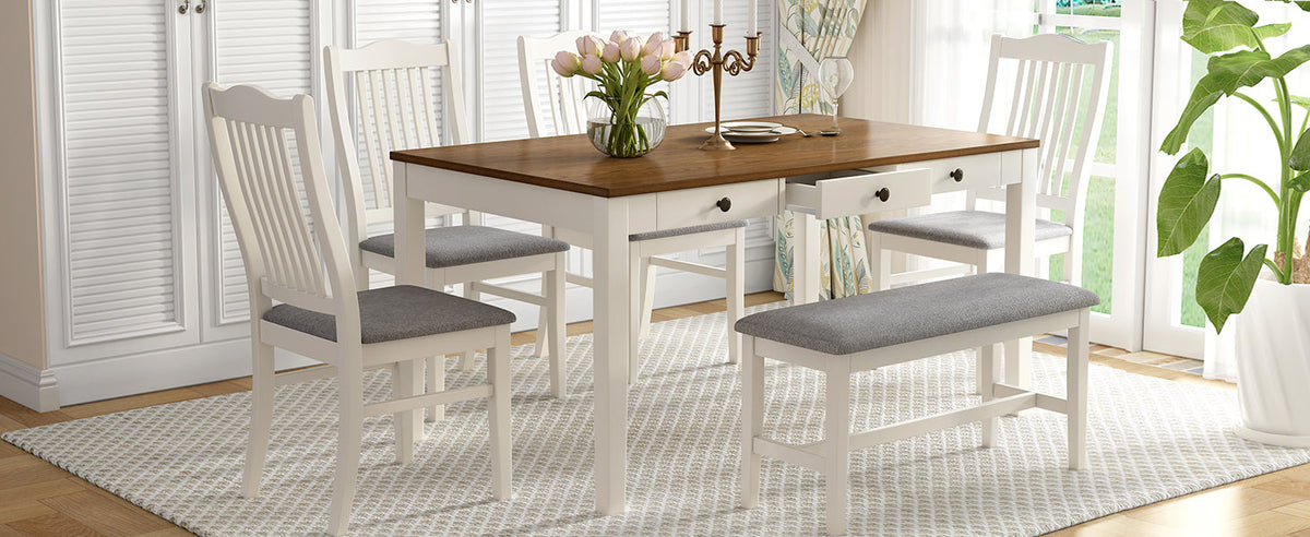 Mid-Century 6-Piece Dining Table Set with Drawers & Seating
