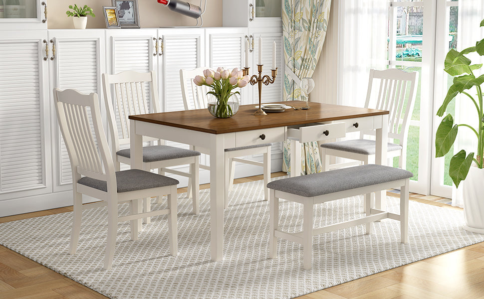 Mid-Century 6-Piece Dining Table Set with Drawers & Seating