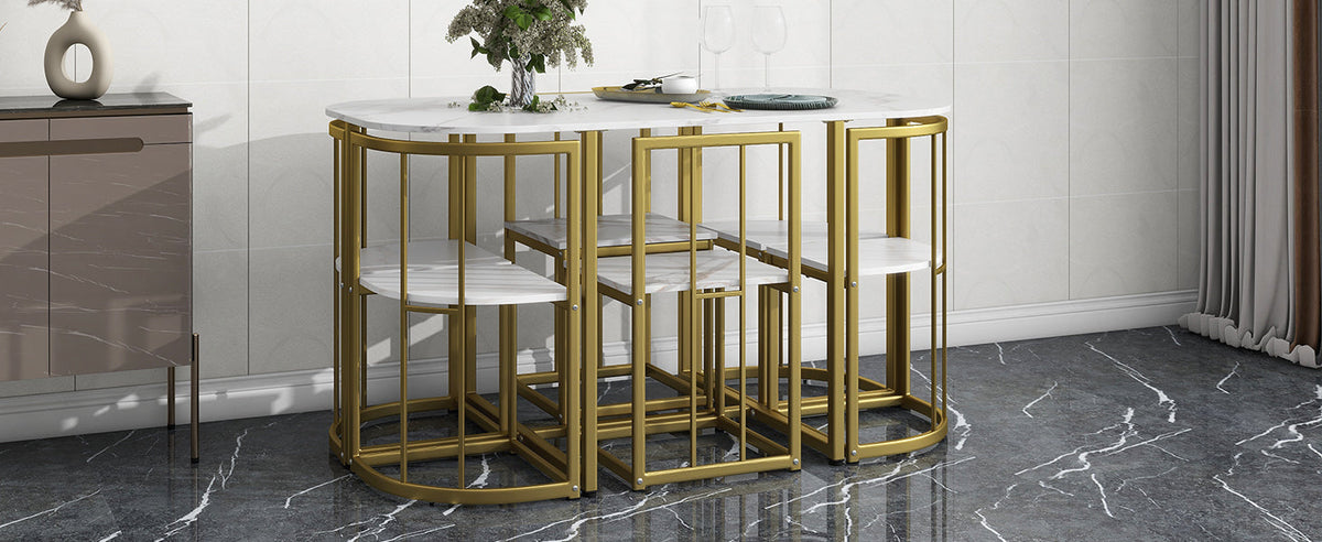 Faux Marble 7-Piece Dining Set for 6 with Gold Frame