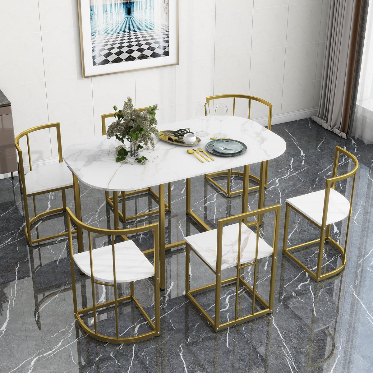 Faux Marble 7-Piece Dining Set for 6 with Gold Frame