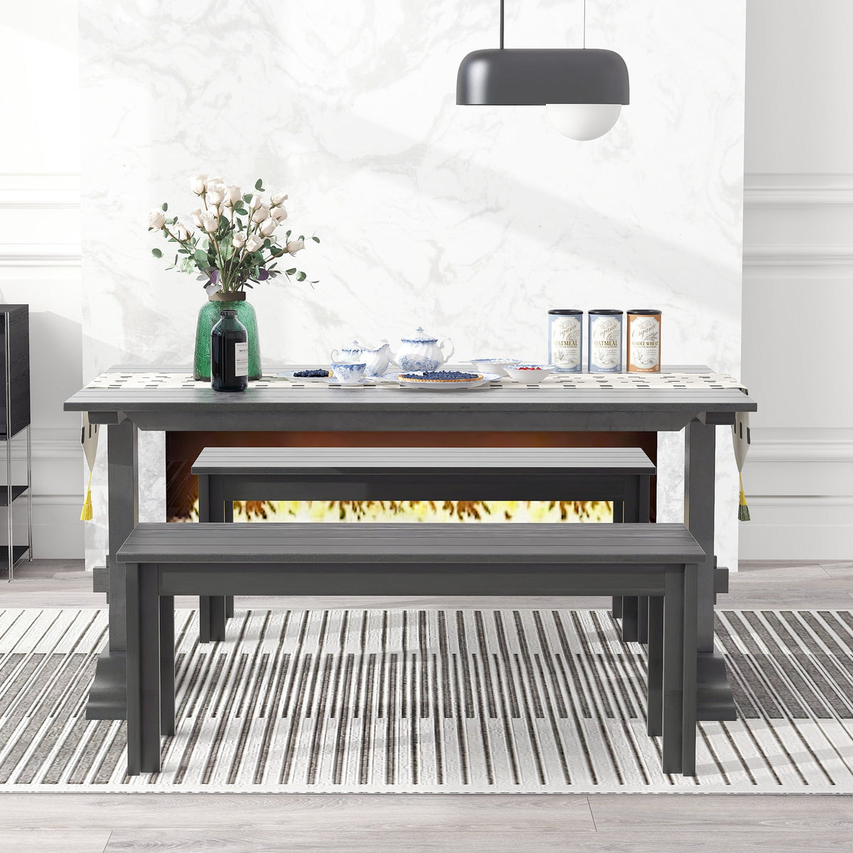 Gray Wood Dining Table Set with 2 Benches for 4 People