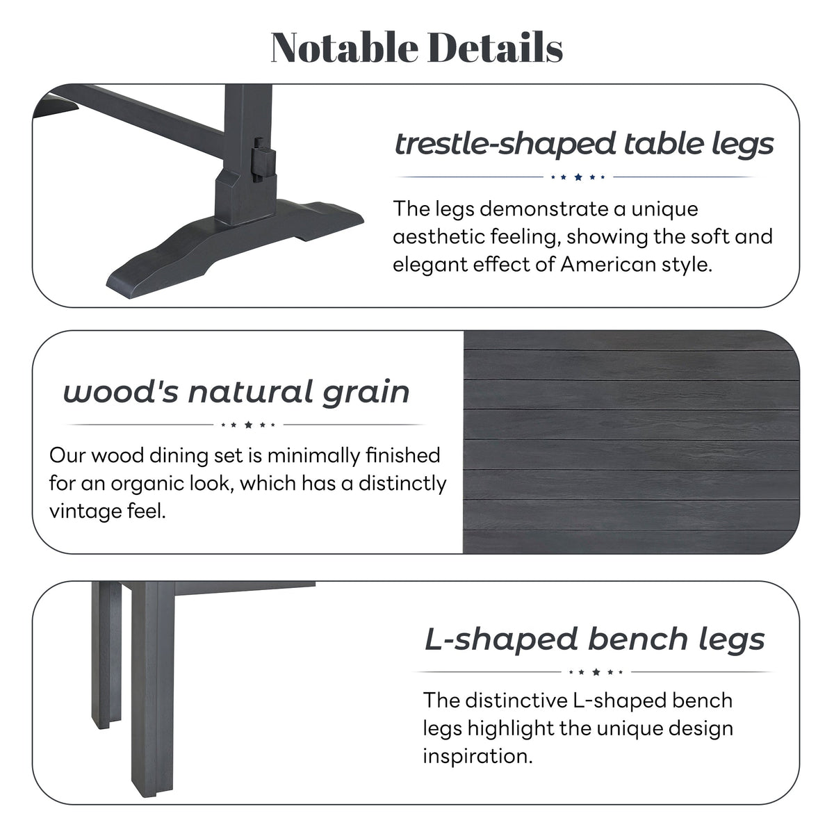 Gray Wood Dining Table Set with 2 Benches for 4 People