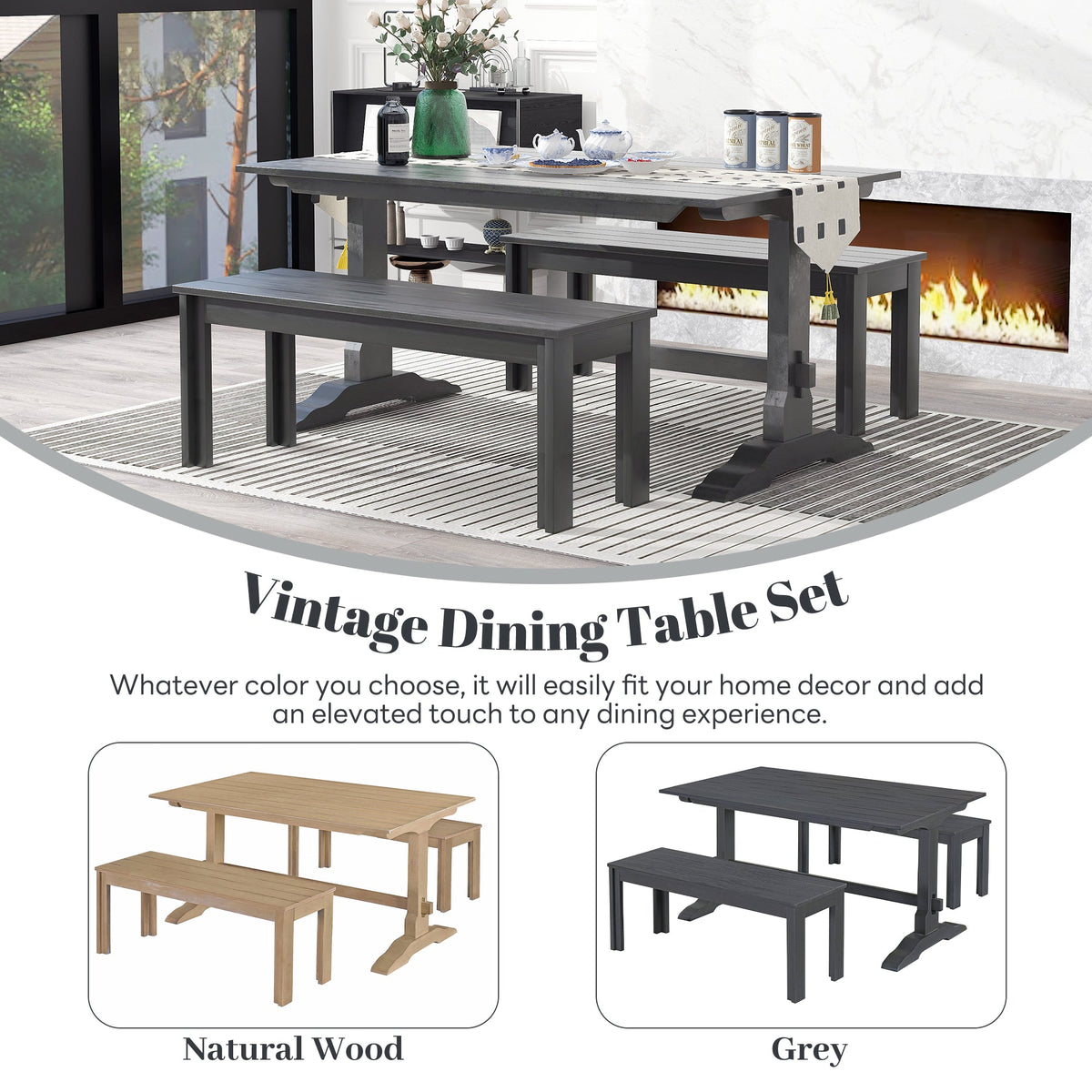 Gray Wood Dining Table Set with 2 Benches for 4 People