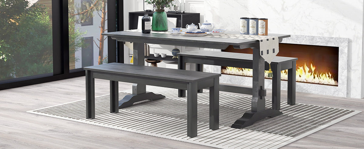 Gray Wood Dining Table Set with 2 Benches for 4 People