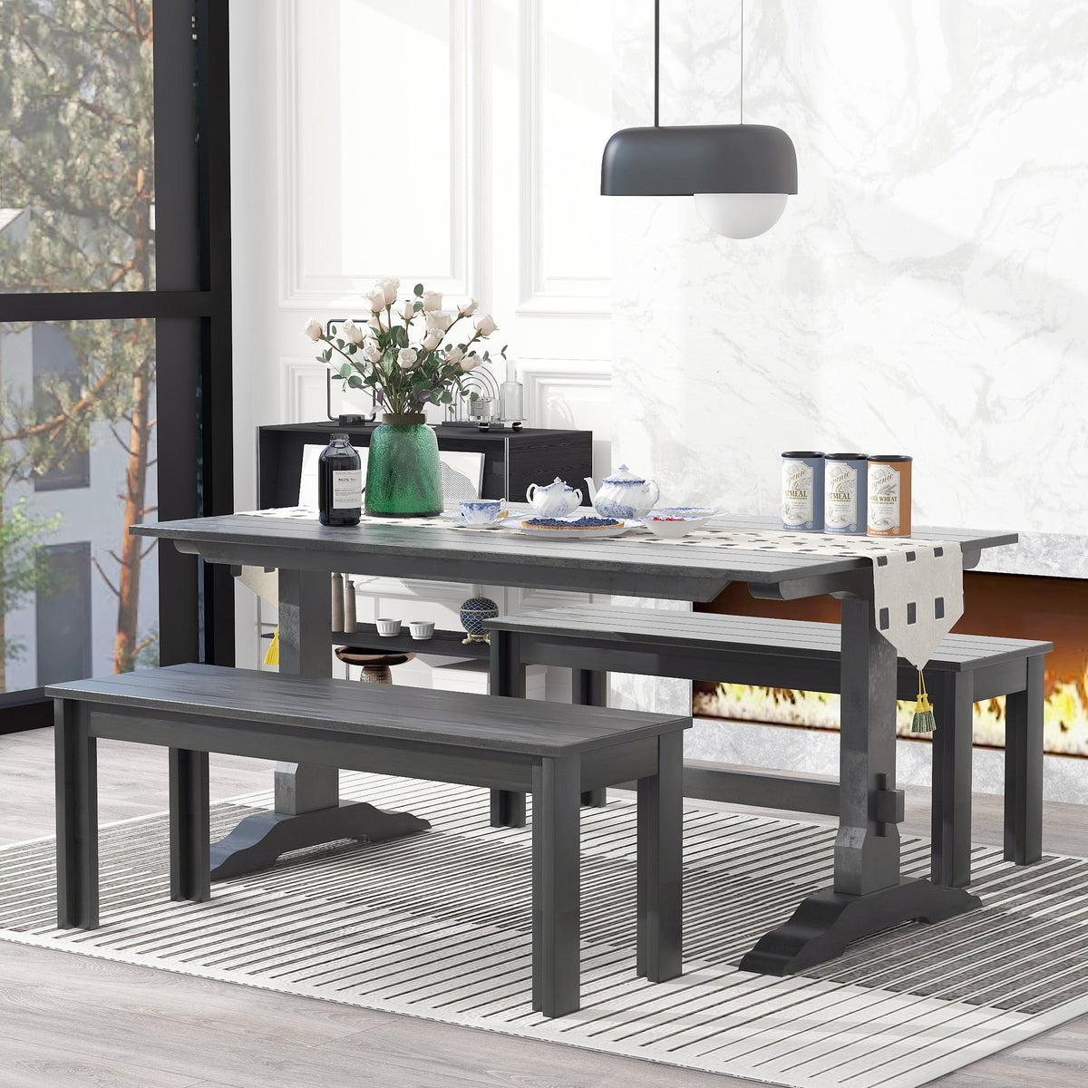 Gray Wood Dining Table Set with 2 Benches for 4 People