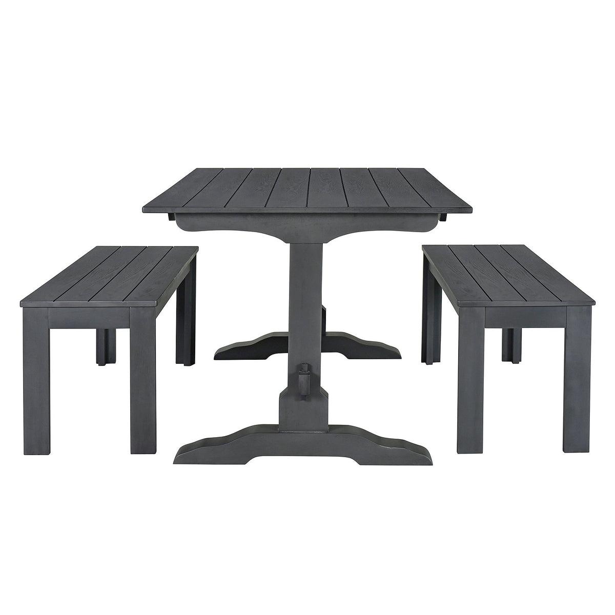 Gray Wood Dining Table Set with 2 Benches for 4 People