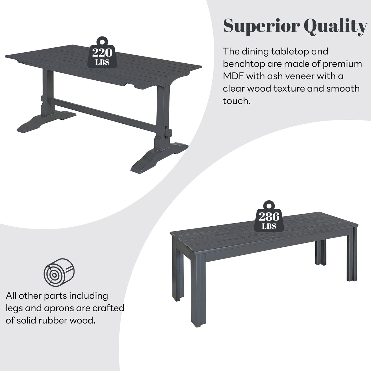 Gray Wood Dining Table Set with 2 Benches for 4 People