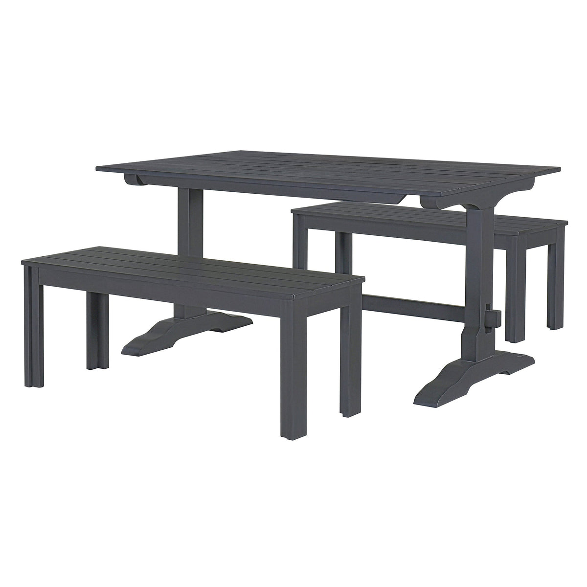Gray Wood Dining Table Set with 2 Benches for 4 People