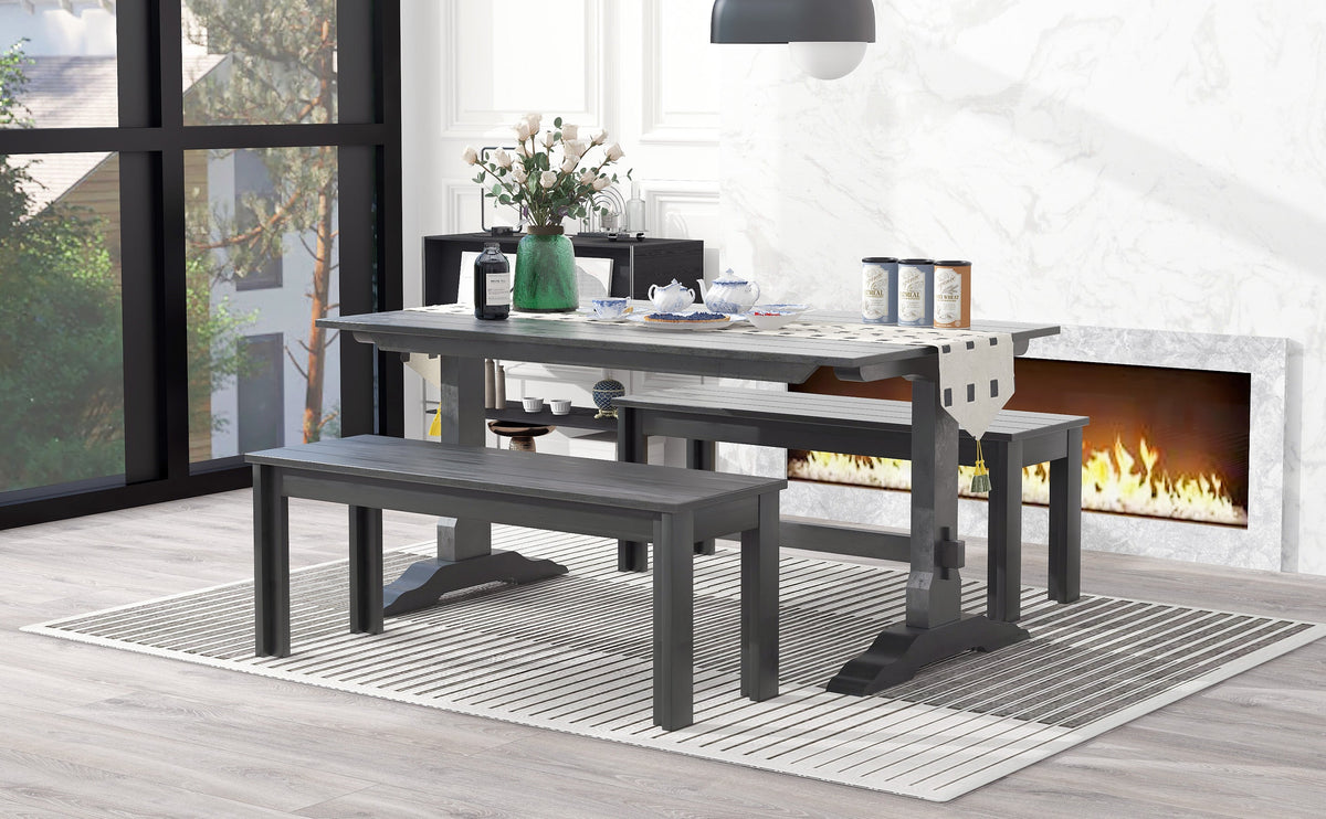 Gray Wood Dining Table Set with 2 Benches for 4 People