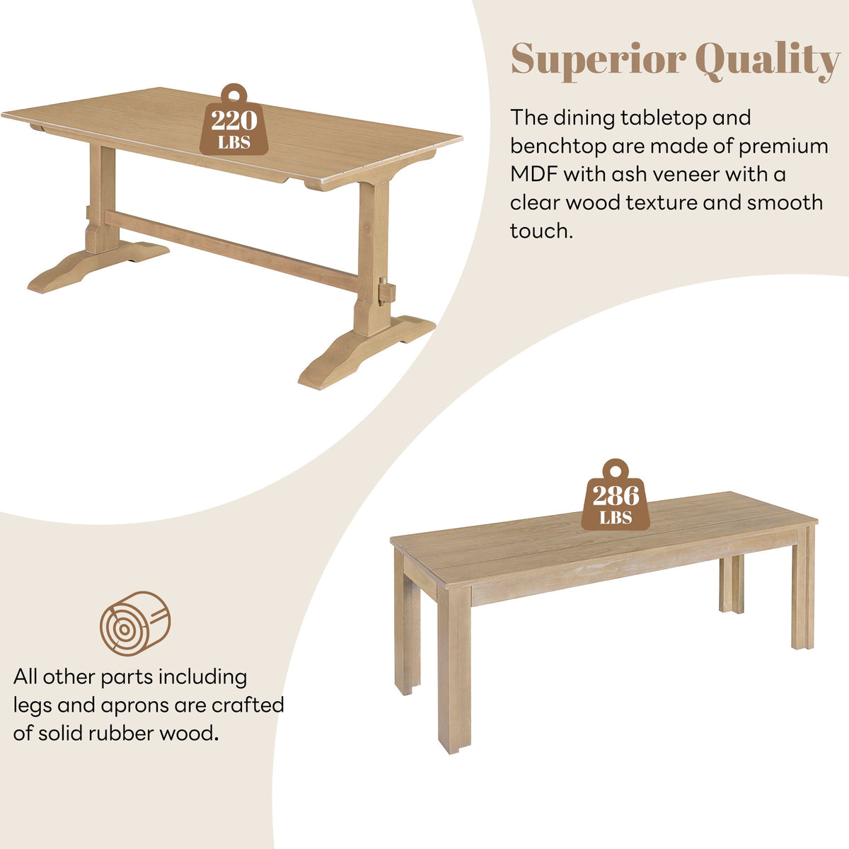 Retro Wood 3-Piece Dining Set for Four Guests