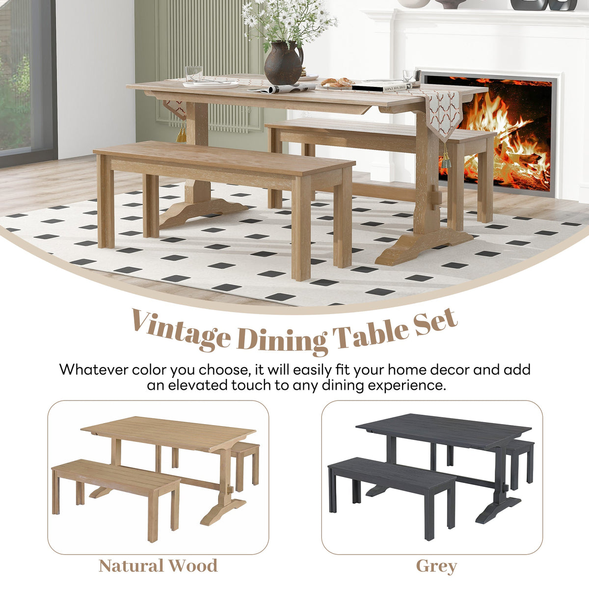 Retro Wood 3-Piece Dining Set for Four Guests