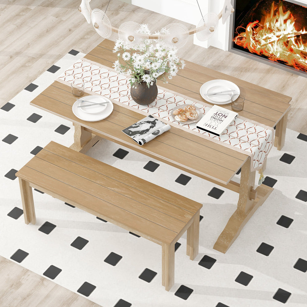 Retro Wood 3-Piece Dining Set for Four Guests