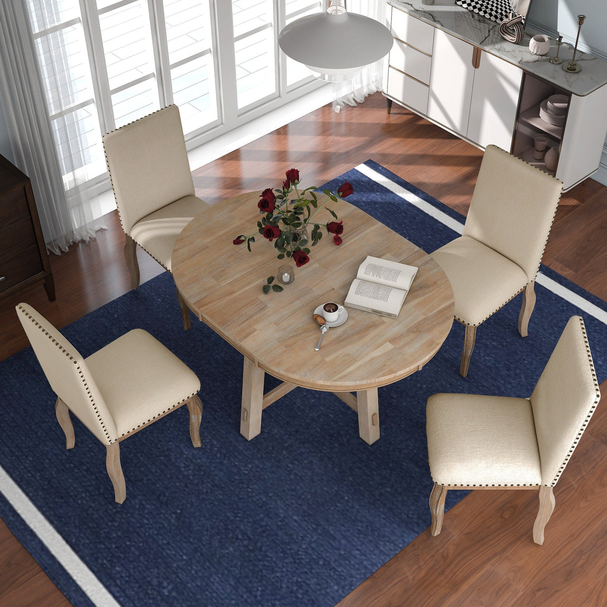 Round Extendable Farmhouse Dining Set with 4 Chairs