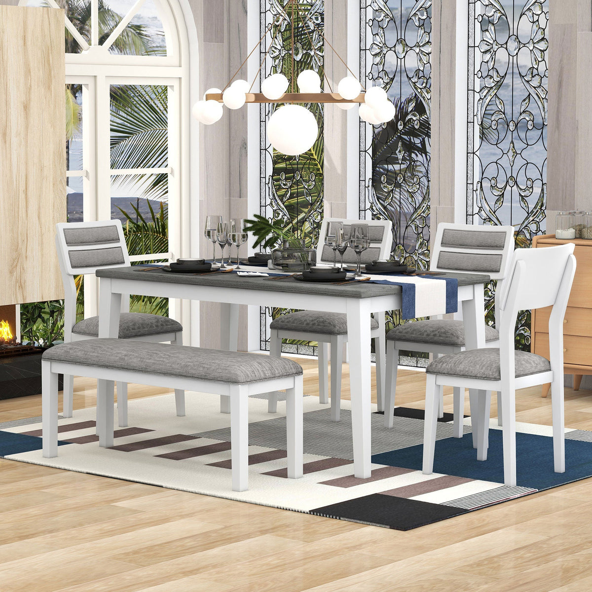 Dining Table Set with Bench, 6-Piece White and Gray