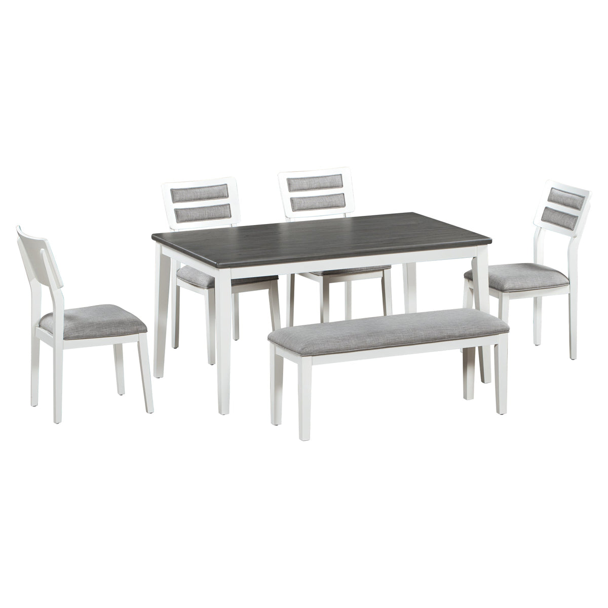 Dining Table Set with Bench, 6-Piece White and Gray