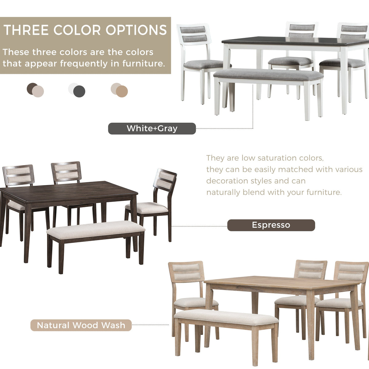 Dining Table Set with Bench, 6-Piece White and Gray