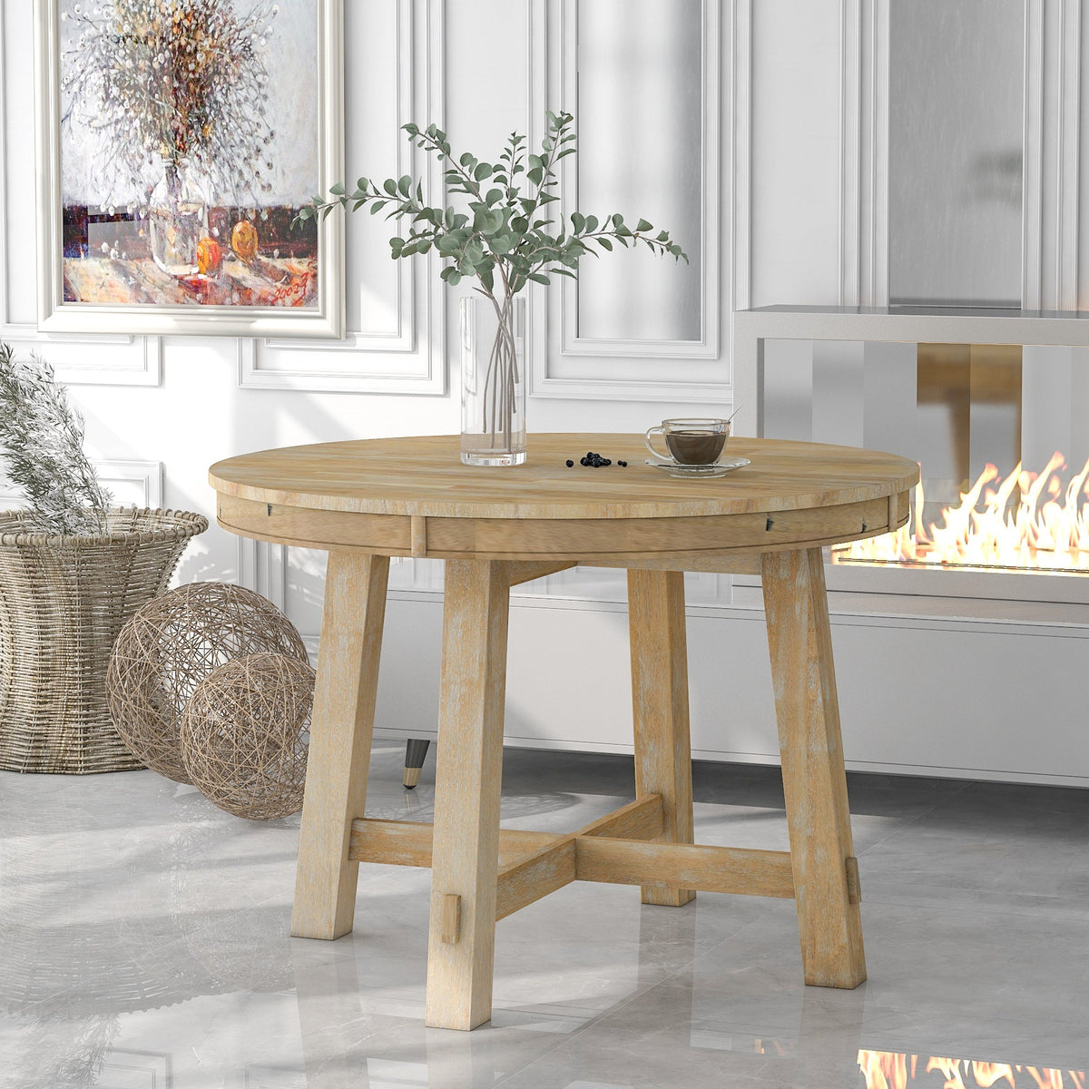 Round Farmhouse Extendable Dining Table with 16in Leaf