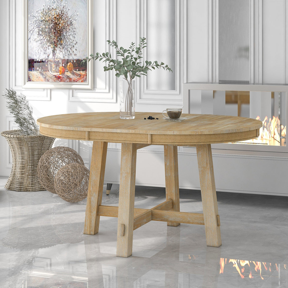 Round Farmhouse Extendable Dining Table with 16in Leaf