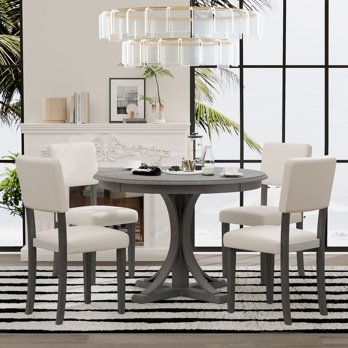 Round Dining Table Set with 4 Chairs, Dark Gray