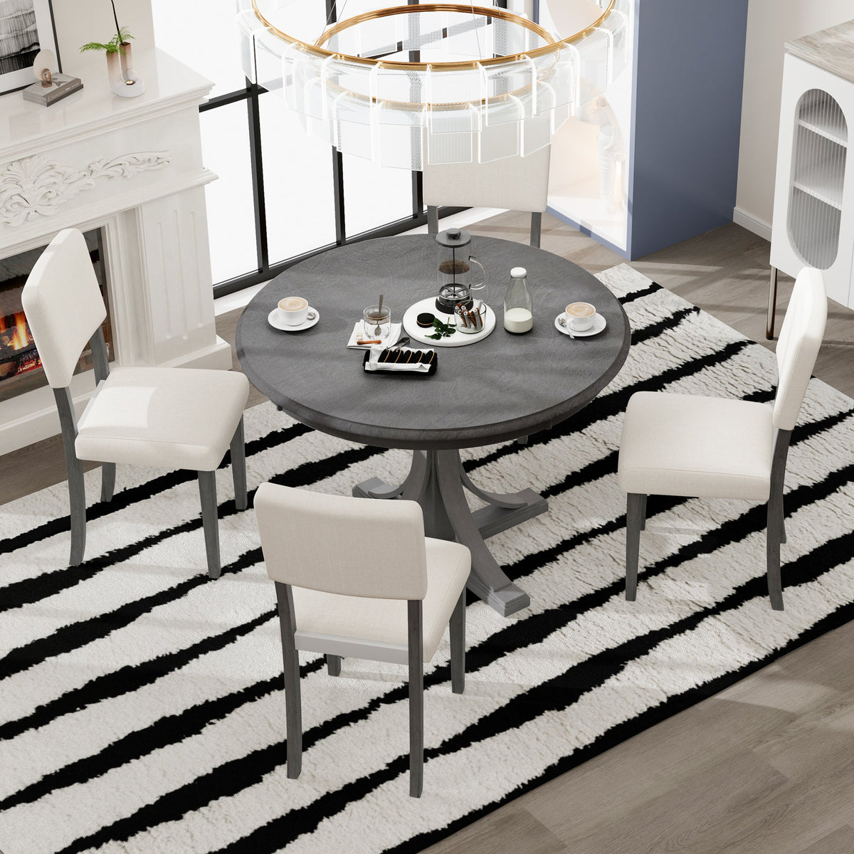 Round Dining Table Set with 4 Chairs, Dark Gray