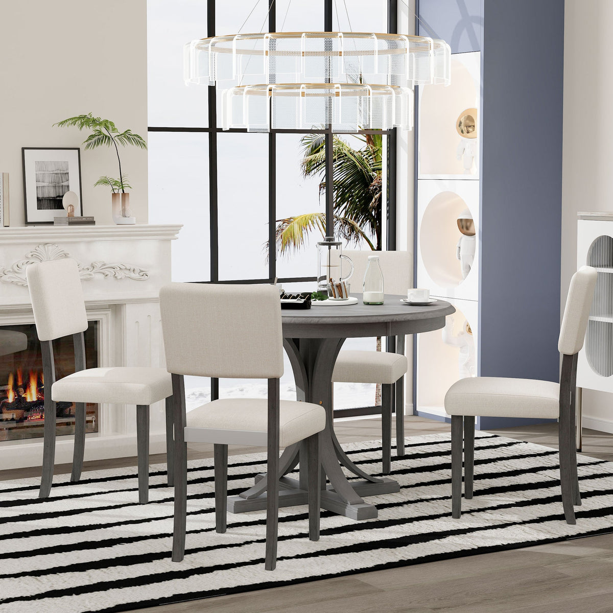 Round Dining Table Set with 4 Chairs, Dark Gray