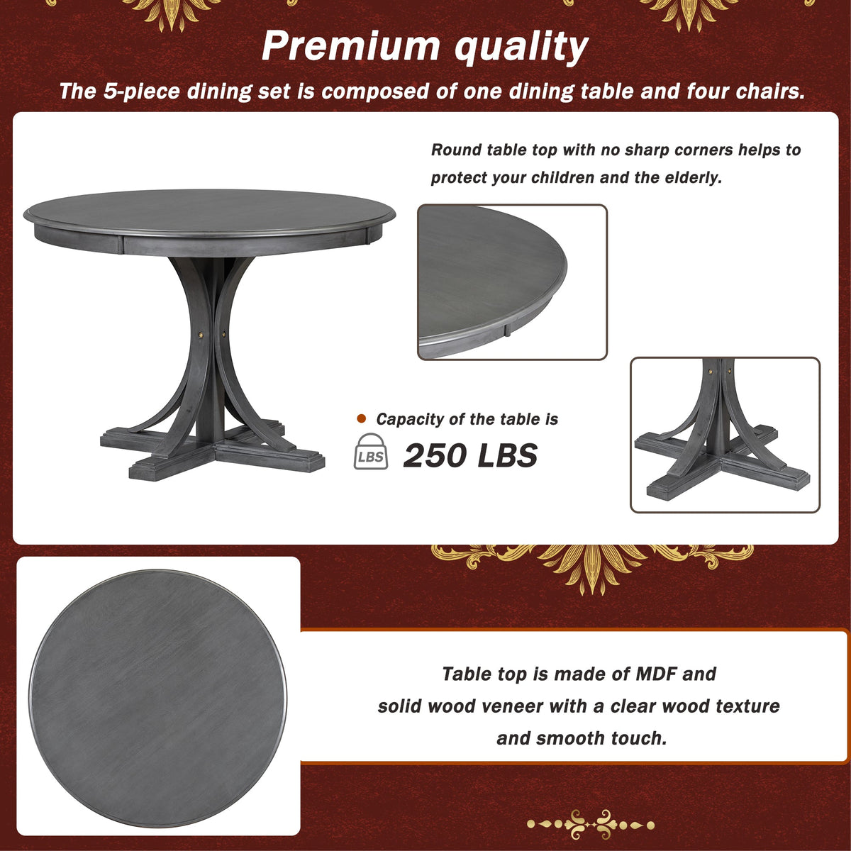 Round Dining Table Set with 4 Chairs, Dark Gray