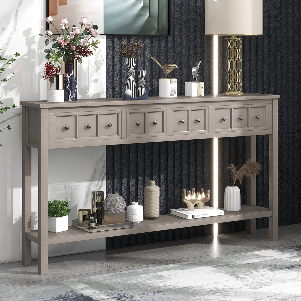 Rustic Entryway Console Table with Drawers and Shelf