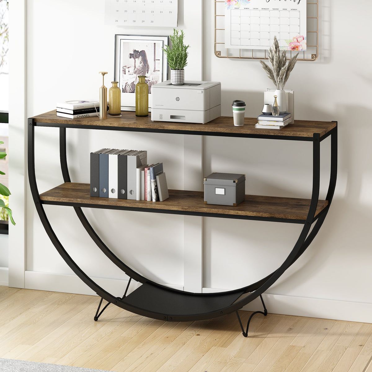 Demilune Console Table: Rustic Industrial Open Shelving