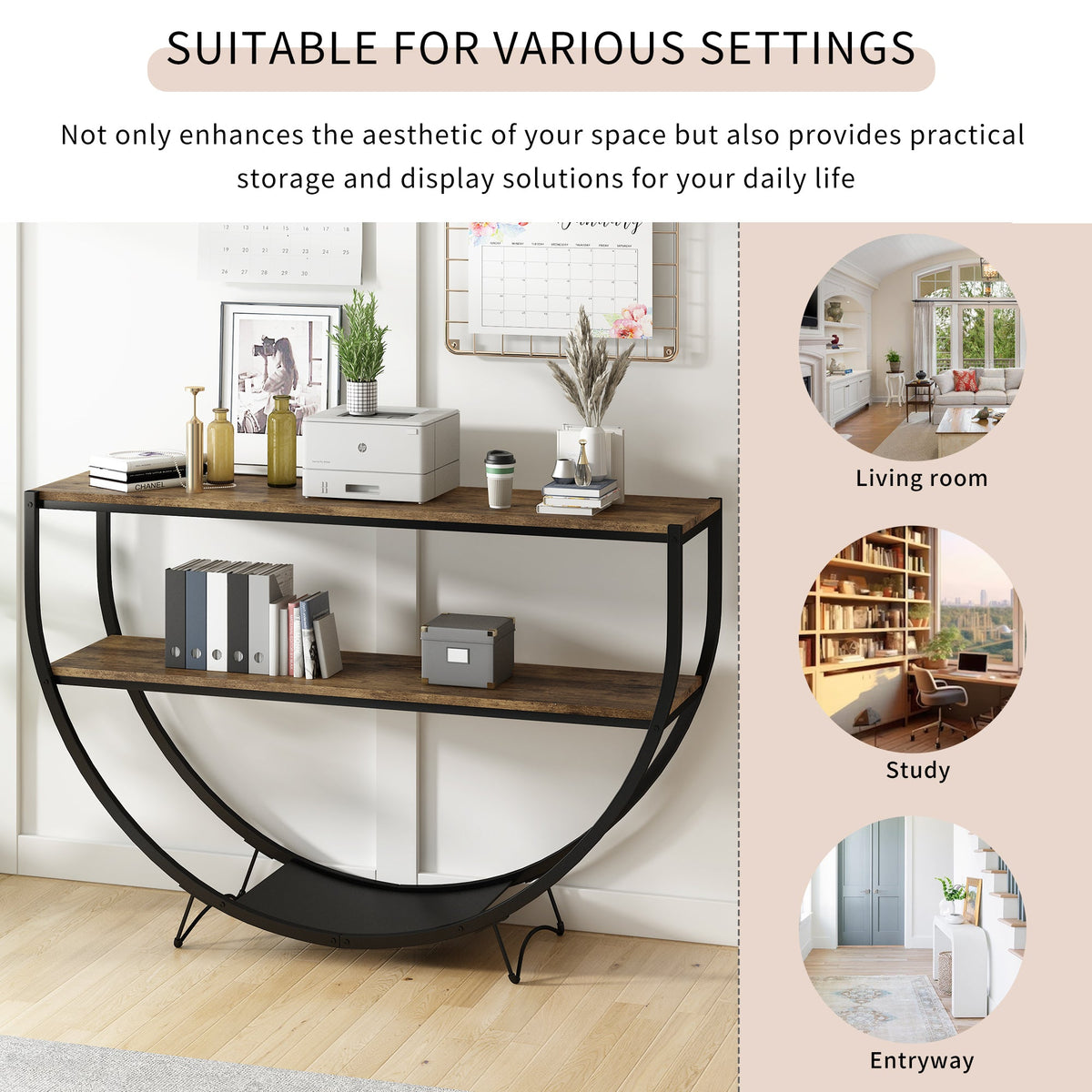 Demilune Console Table: Rustic Industrial Open Shelving